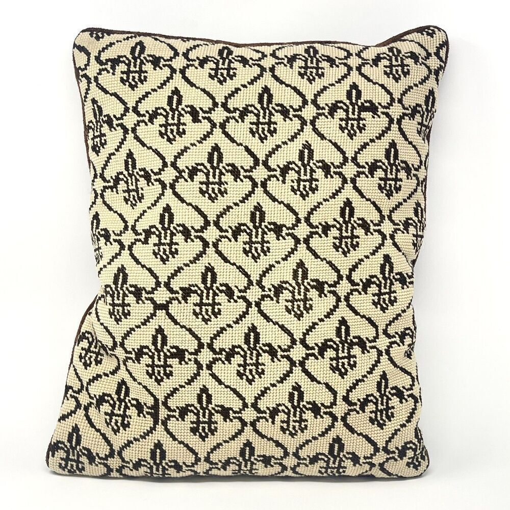 Vintage Fleur de Lis Needlepoint Pillow Brown Cream 15” x 19” Velvet Back